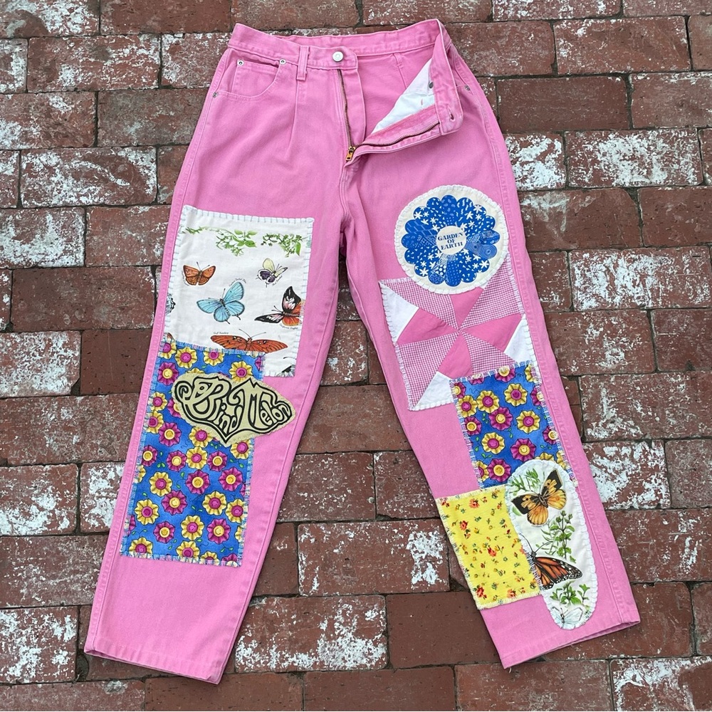Vintage Upcycled Patchwork Wrangler Pink Jeans Co… - image 3